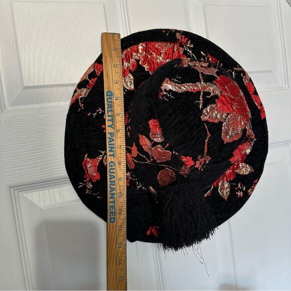 Unique Vintage Hat Black Red floral tassel - Picture 7 of 10